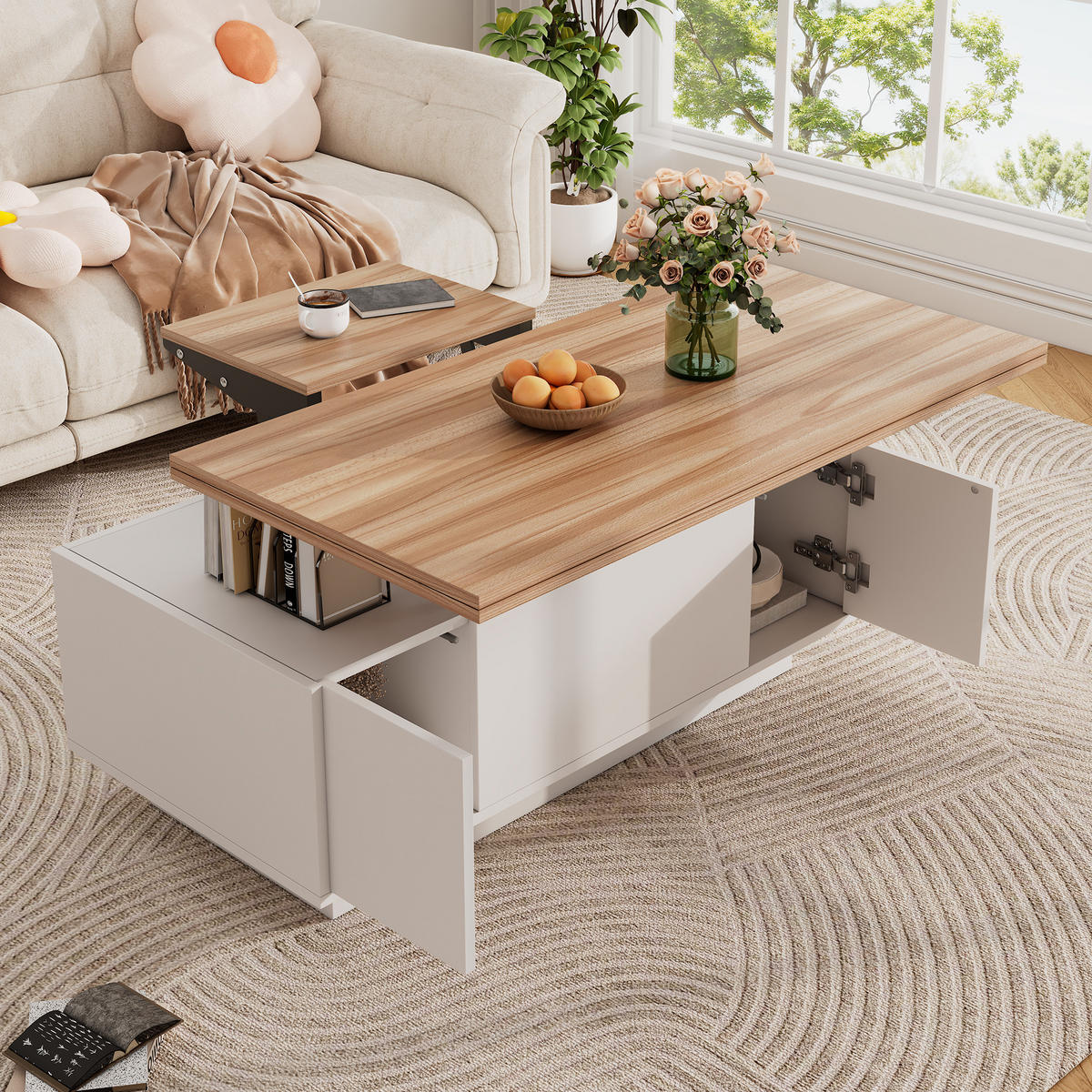 COUCHTISCH Weiß/Holzfarben 100/50/40 cm mit Doppel-Hebefunktion - Weiß, Holzwerkstoff (50/100/40cm) - PANGIVO