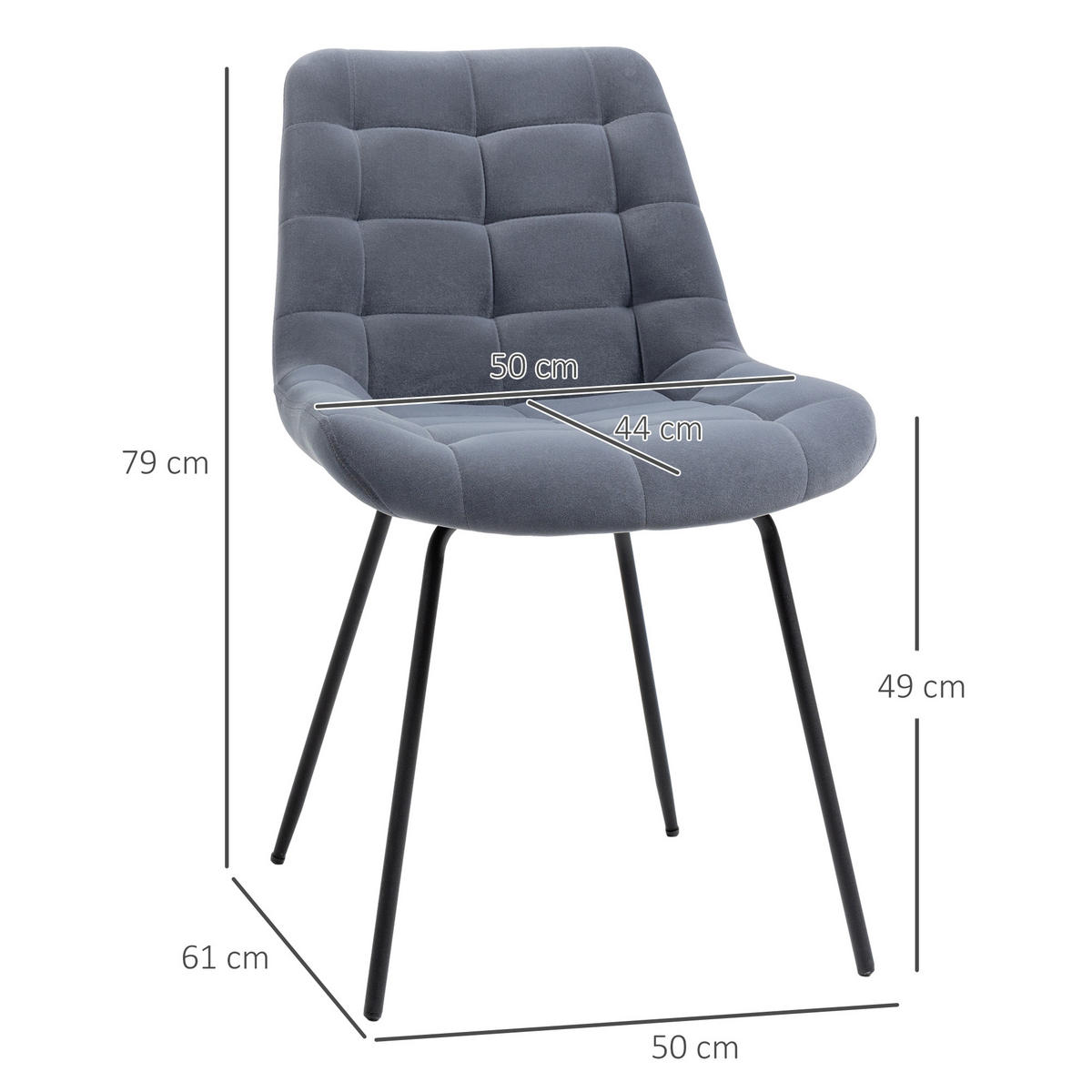 2ER Set Esszimmerstuhl Küchenstuhl Polsterstuhl mit Rückenlehne, Samt, Grau - Dunkelgrau, Kunststoff (61/79/50cm) - HOMCOM