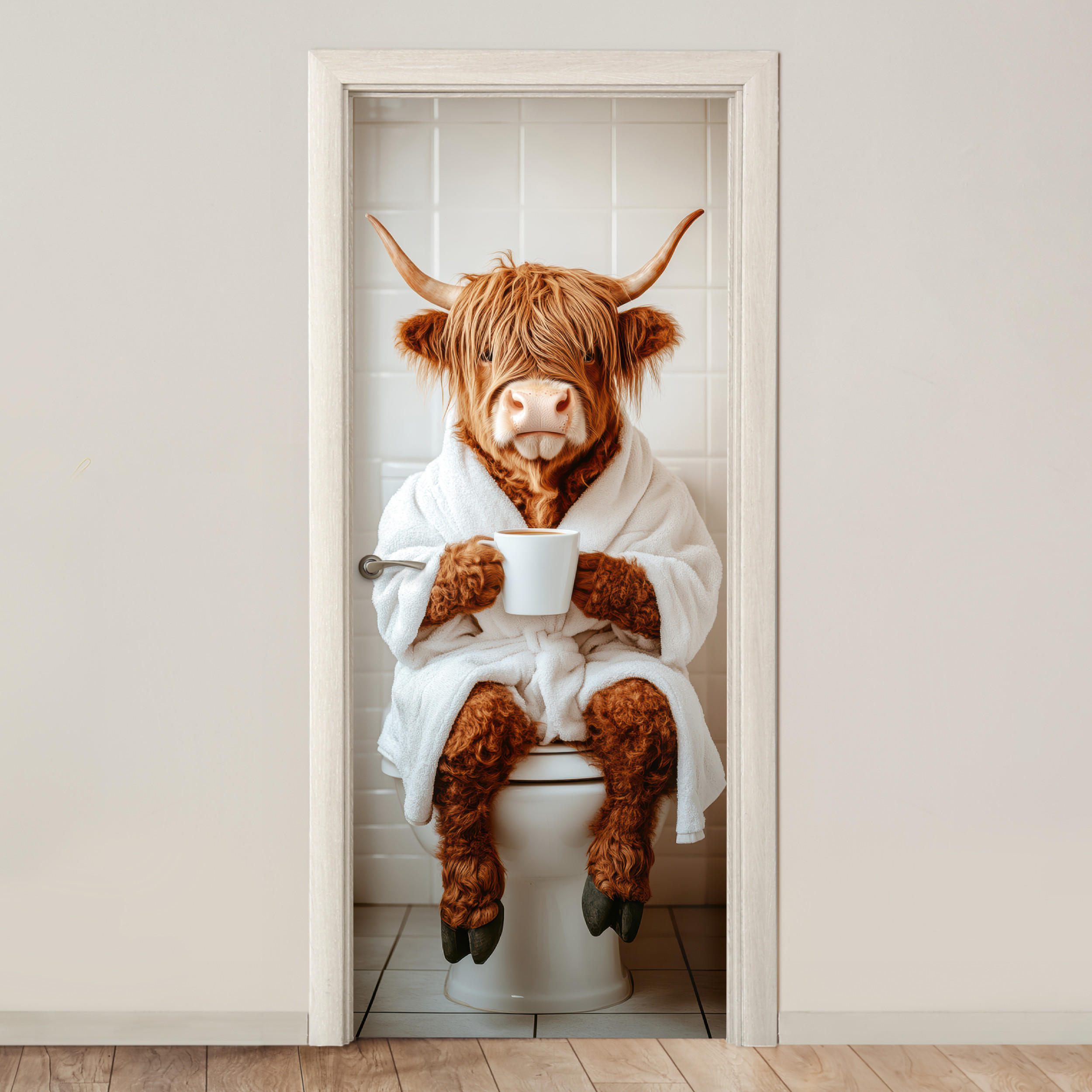 TÜRAUFKLEBER Selbstklebend - Schottisches Hochlandrind - WC - Bademantel - Modern - Tiere 95x215 cm - Türtapete - Kastanienfarben, Kunststoff (95/0.1cm) - MuchoWow