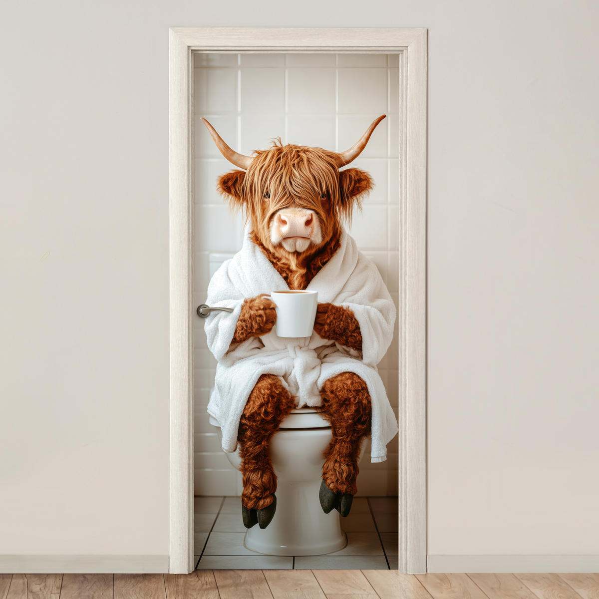 FOTOTAPETE Tür - Schottisches Hochlandrind - WC - Bademantel - Modern - Tiere 90x205 cm - Kastanienfarben, Kunststoff (90/0.1cm) - MuchoWow