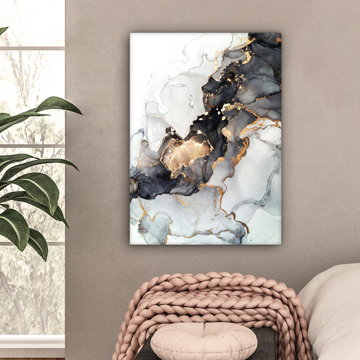 LEINWANDBILD Marmor - Schwarz - Weiß - Gold - Luxus - Abstrakt Wandbild Wohnzimmer 60x80 cm - Goldfarben, Textil (60/80cm) - MuchoWow