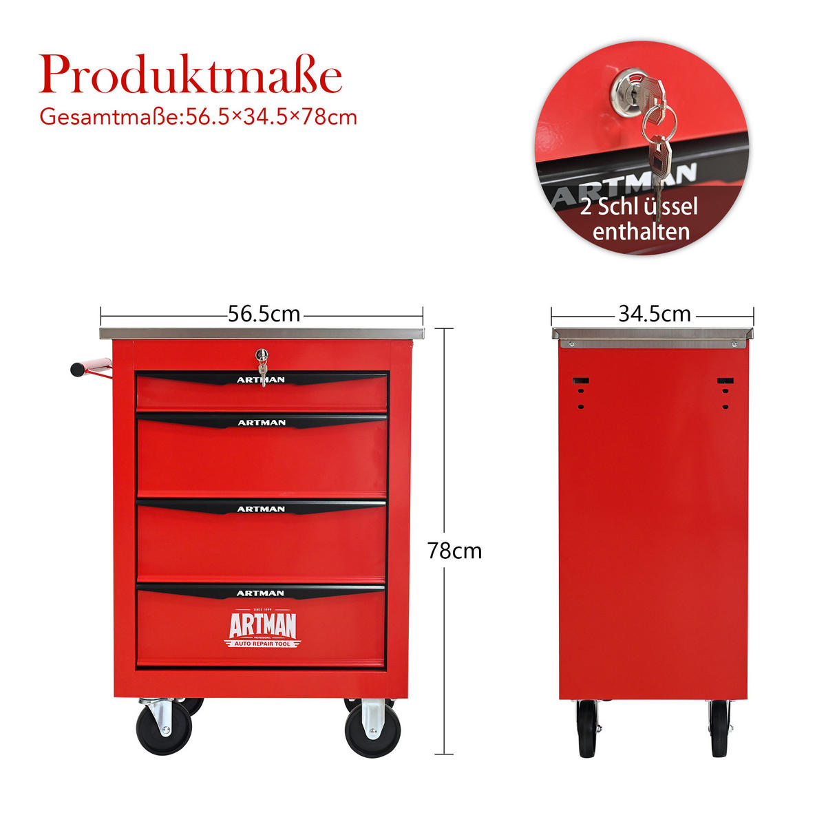 KOMBINATIONSKOFFER – 4 Schubladen, rot - Multicolor, Metall (34.5/78/62.5cm) - DCA