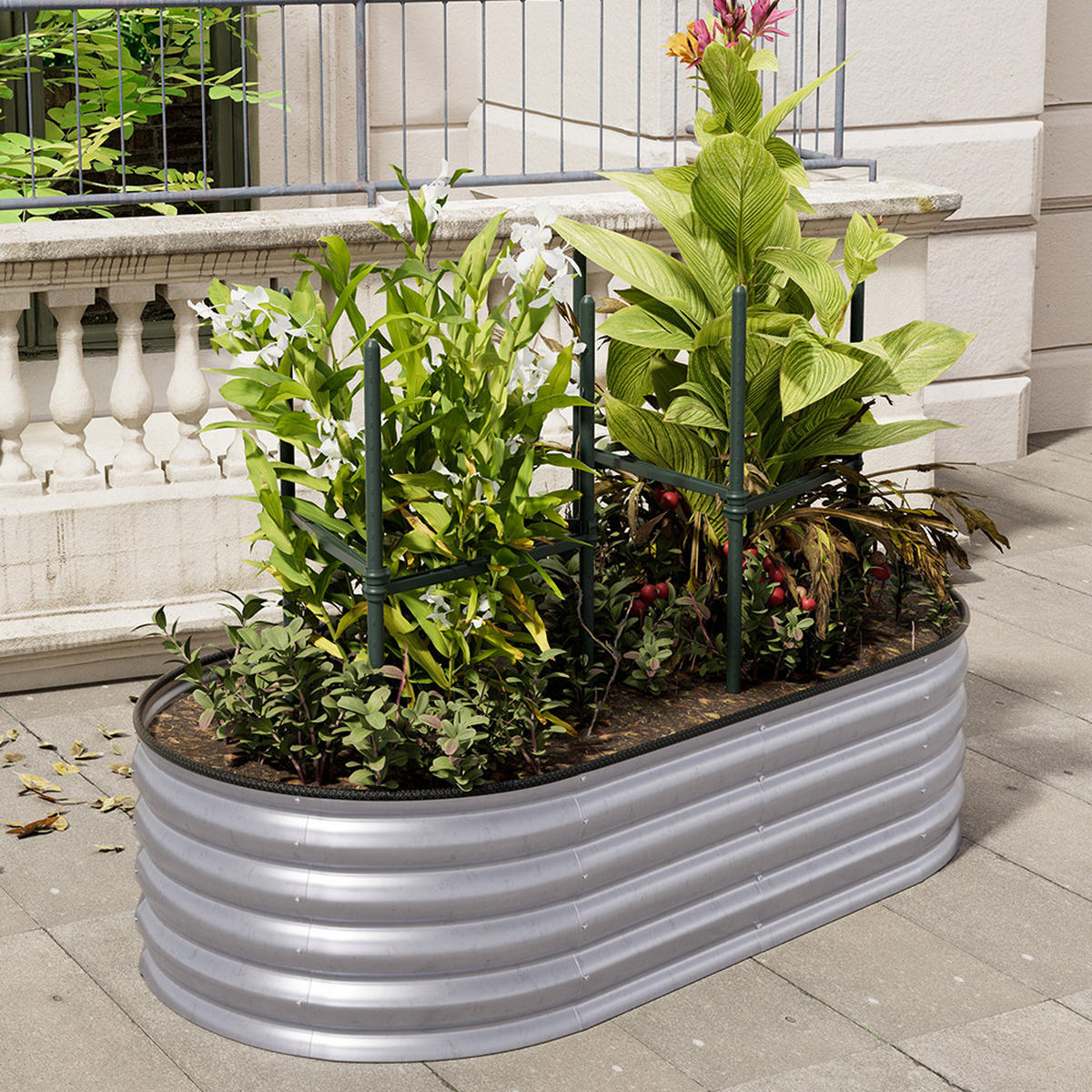 HOCHBEET-PFLANZKASTEN mit Pflanzenstütze aus verzinktem Stahl in verzinkten Silber Ovalen Blumenkasten Garten Balkon rostfest 160 × 80 × 42 cm - Grün, Metall (80/42/160cm) - Livingandhome