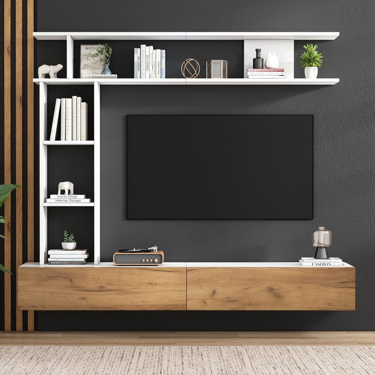 TV-WOHNWAND 3-tlg. 180 cm White+Oak mit TV-Board und Regalen - Weiß, Holzwerkstoff (35/150/180cm) - Beauniv
