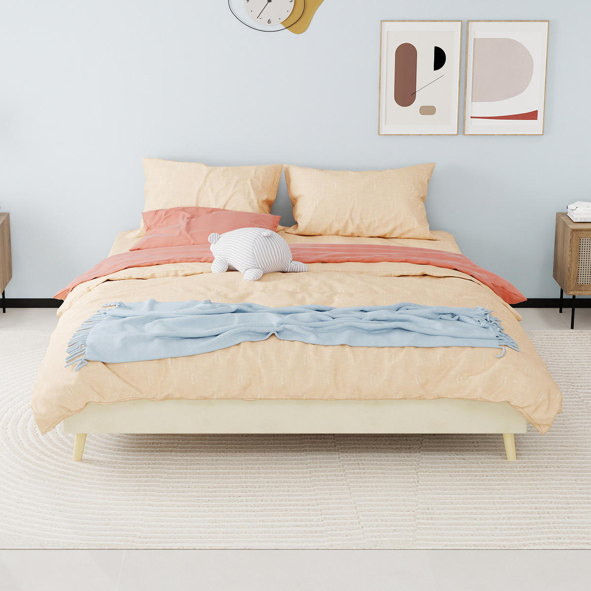 BETT 160/200 cm in Beige Stoff mit niedrigem Rahmen und modernem Design - Beige/Naturfarben, Holzwerkstoff/Textil (160/200cm) - STILVORA