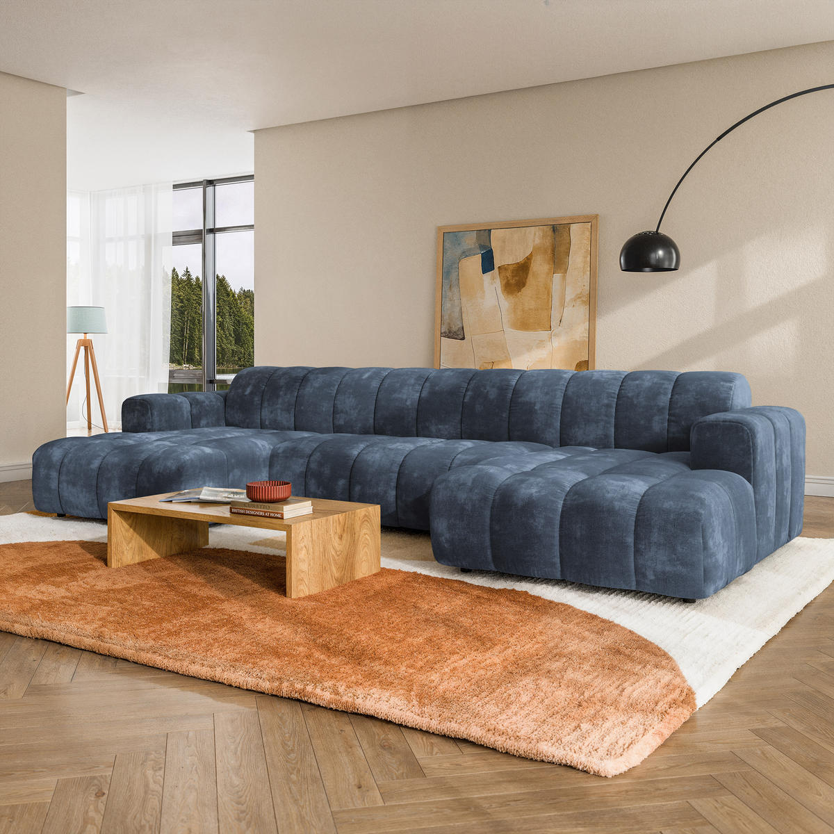 WOHNLANDSCHAFT AENIS Blau Chenille - Blau, Holz (398/85/165cm) - MASSENO