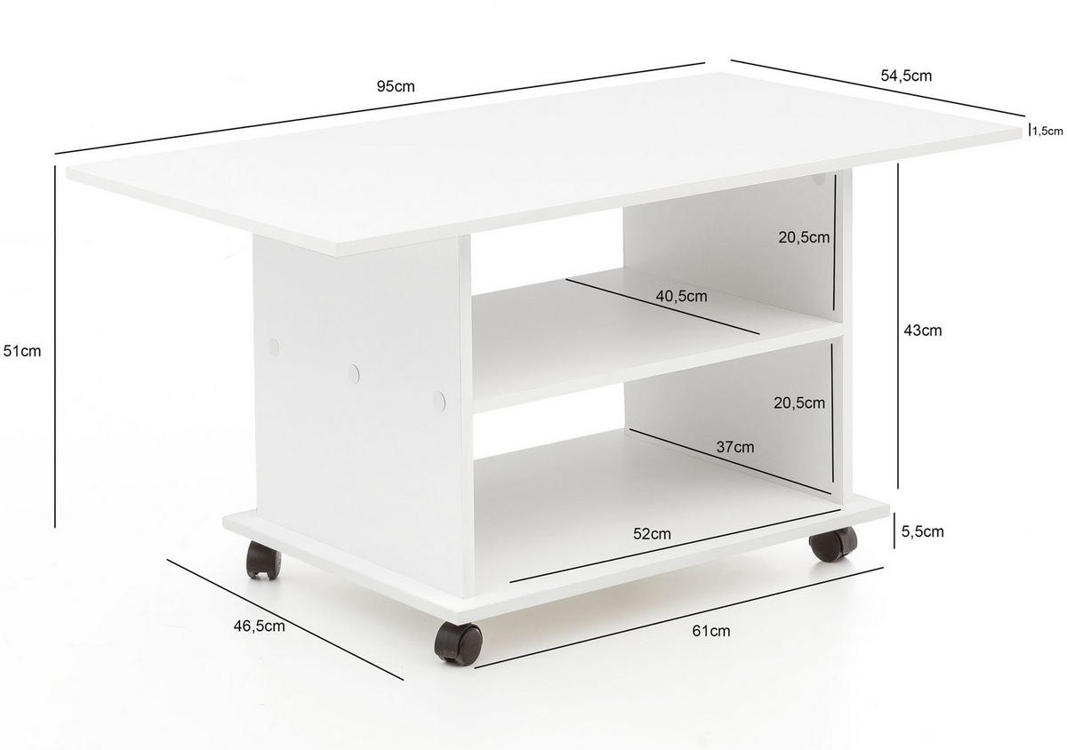 COUCHTISCH mit zwei Ablageflächen, Rollen und Melaminharzbeschichtung, Weiß 95x54x51 cm - Schwarz/Weiß, Holz (54/95/51cm) - KADIMA DESIGN
