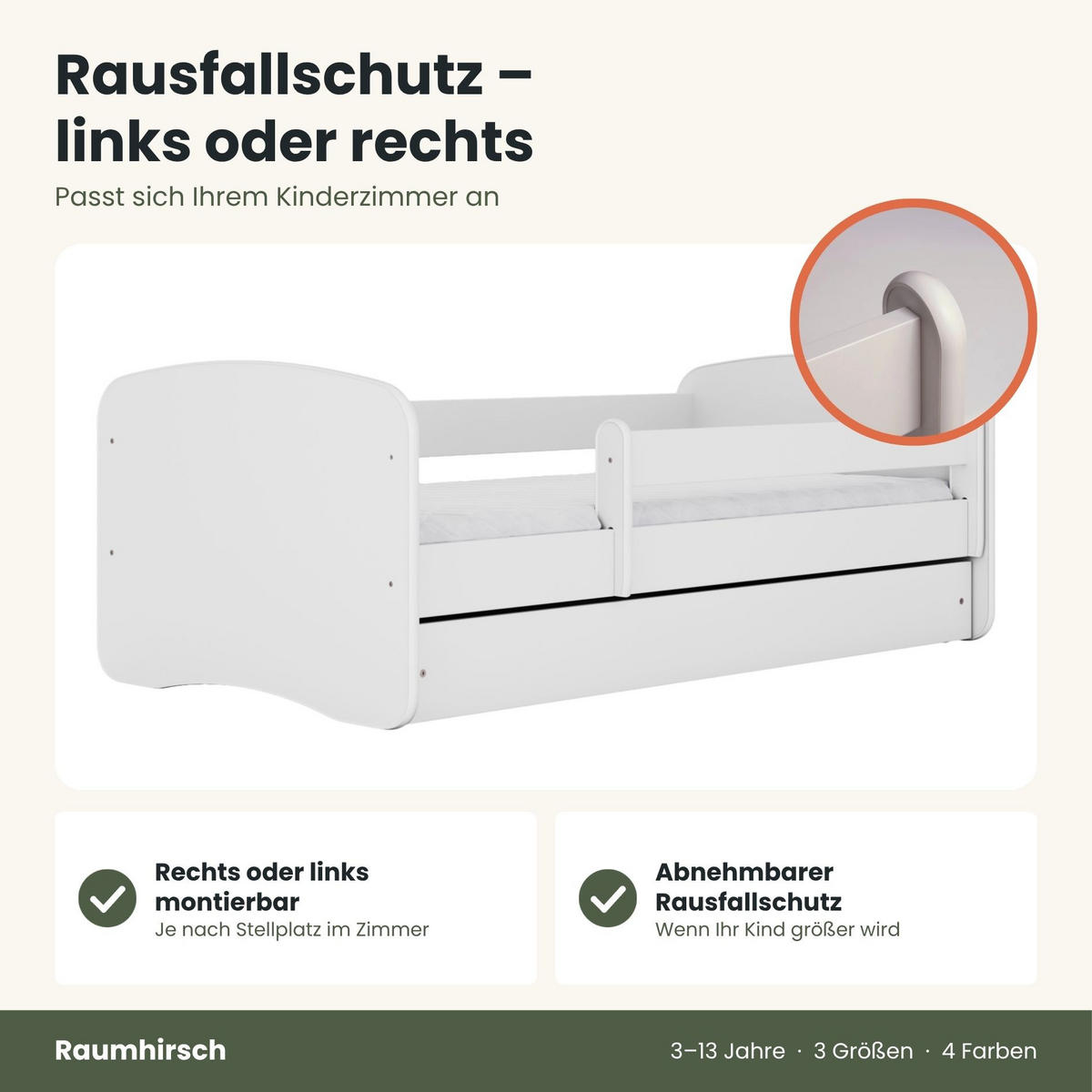 KINDERBETT ohne Motiv 70x140 cm mit Matratze, Schublade, Rausfallschutz & Lattenrost, Weiß - Weiß, Holzwerkstoff (70/140cm) - RAUMHIRSCH FURNITURE