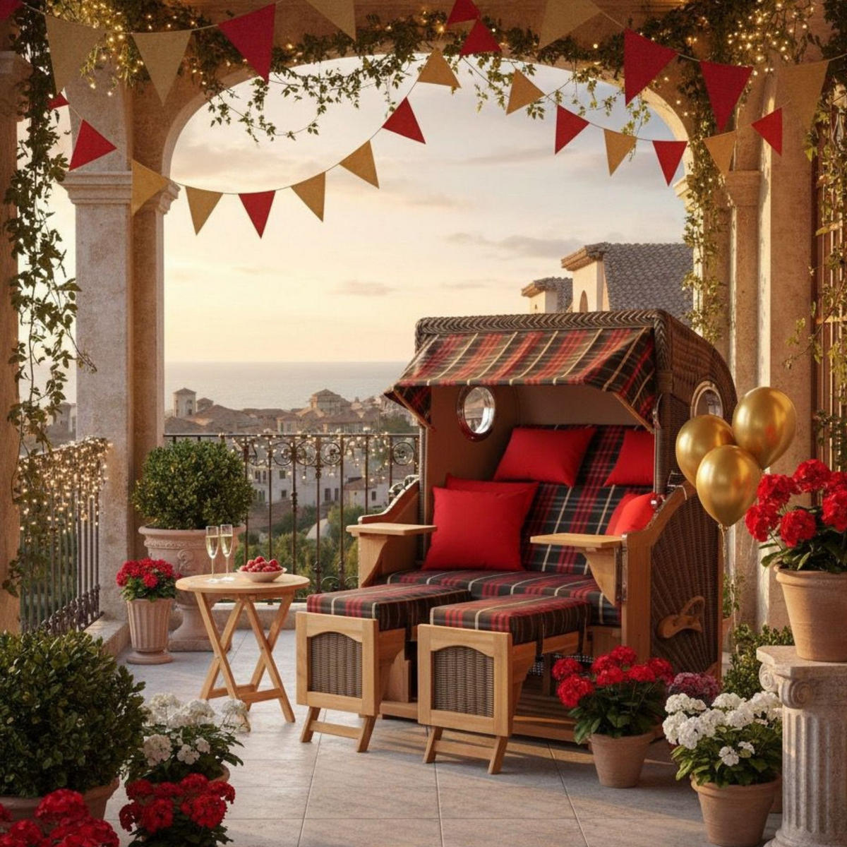 STRANDKORB Düne 2 Sitzer Teak PE Grey - Rot/Braun, Holz/Metall (125/170/80cm) - Mr. Deko