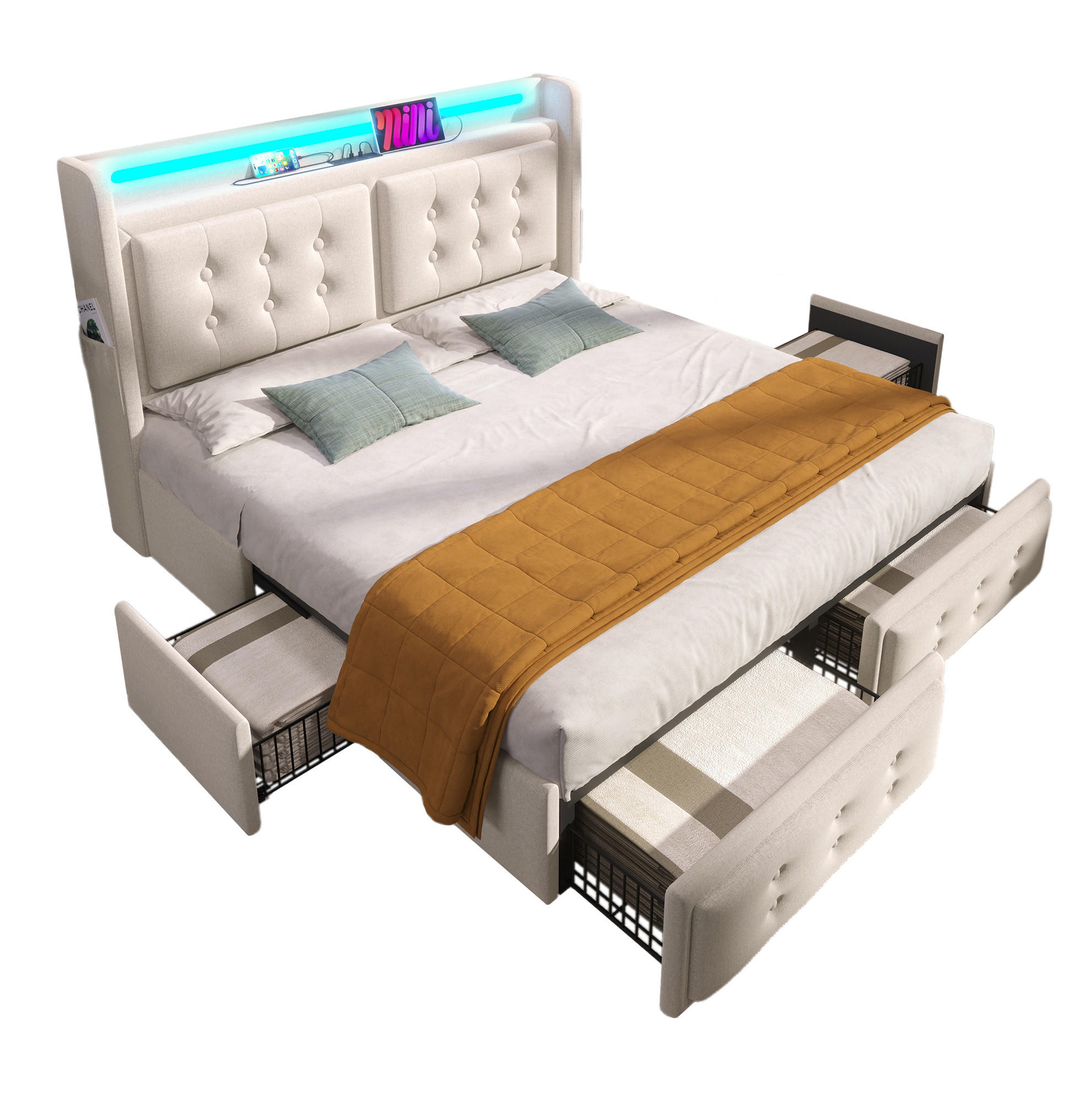 ČALOUNĚNÁ postel 180/200 cm, béžová, bavlněno-lněný potah s LED osvětlením a USB-C - béžová, textil (180/200cm) - BEAOK