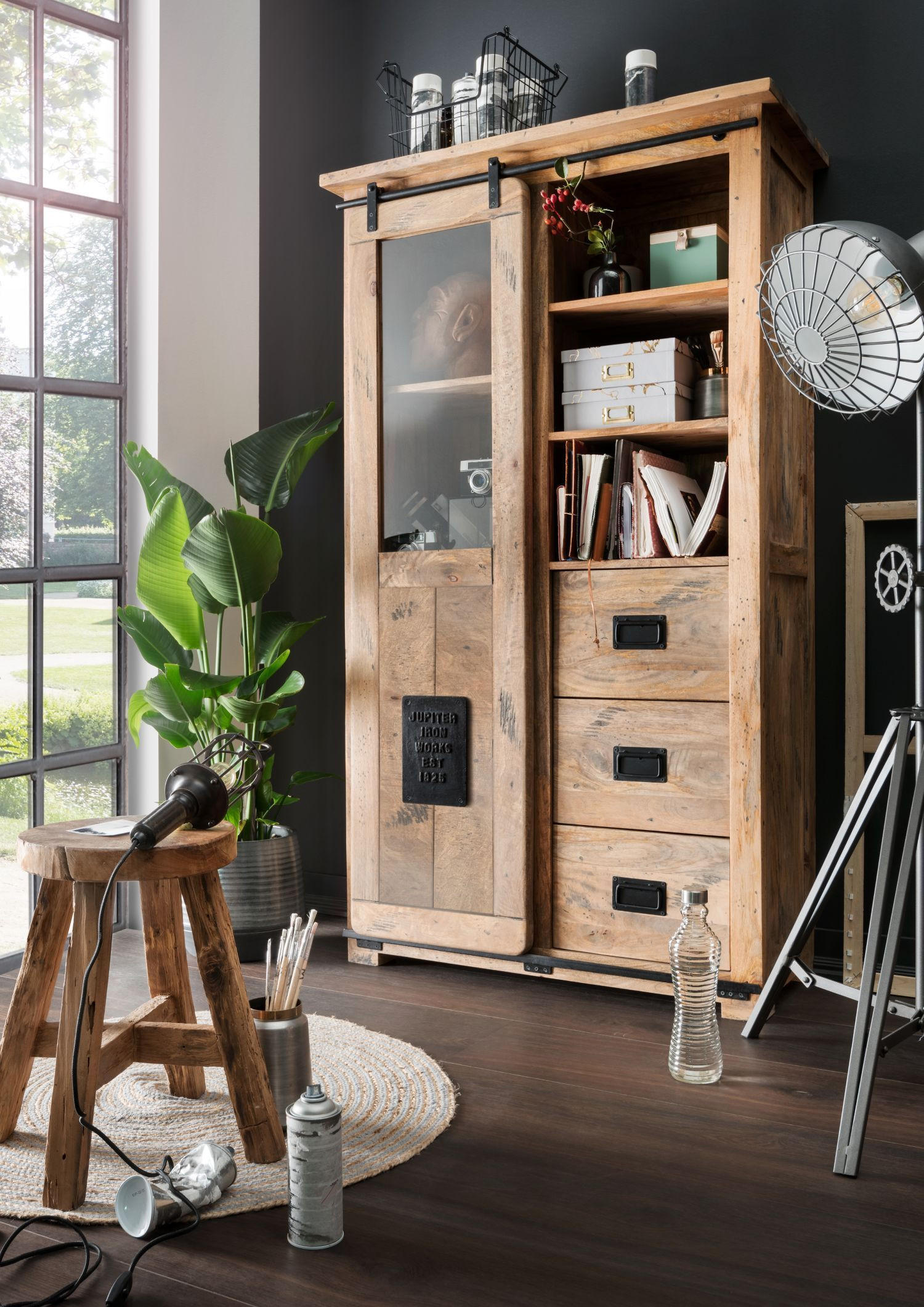 VITRINE Florenz Vintage - 100 cm - Mangoholz - Schwarz/Braun, Holz/Metall (100/175/45cm) - bene living