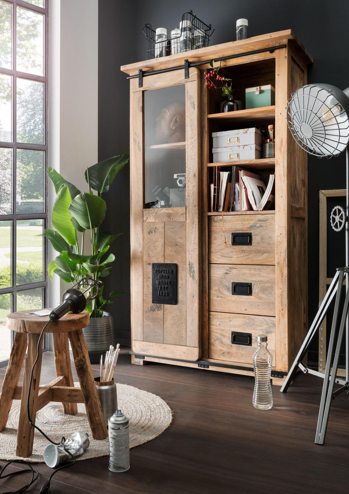 VITRINE Florenz Vintage - 100 cm - Mangoholz - Schwarz/Braun, Holz/Metall (100/175/45cm) - bene living