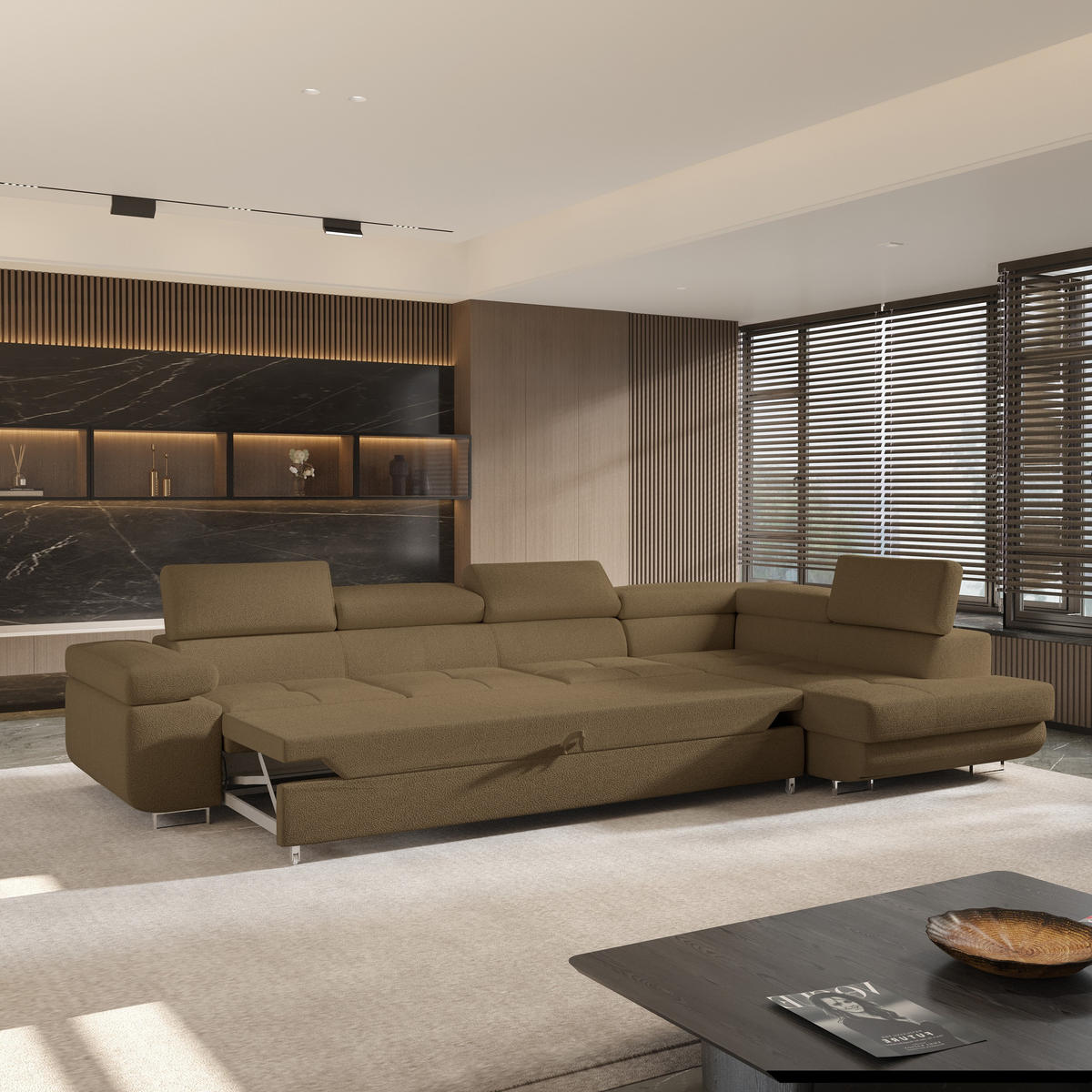 ECKSOFA VICENTE Orange Boucle-Stoff mit Schlaffunktion - Orange, Holz (346/202cm) - MASSENO