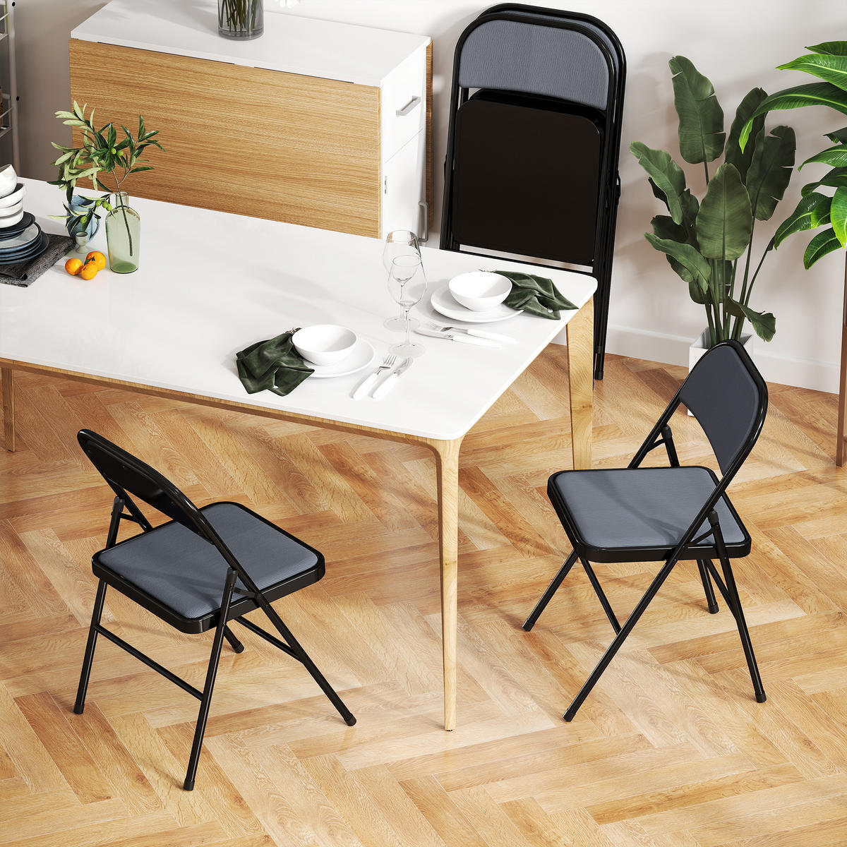 KLAPPSTUHL 4er-Set DE-13357 Rippvelours & Stahlrahmen Grau - Schwarz, Metall (46/78/45cm) - ComfortXL