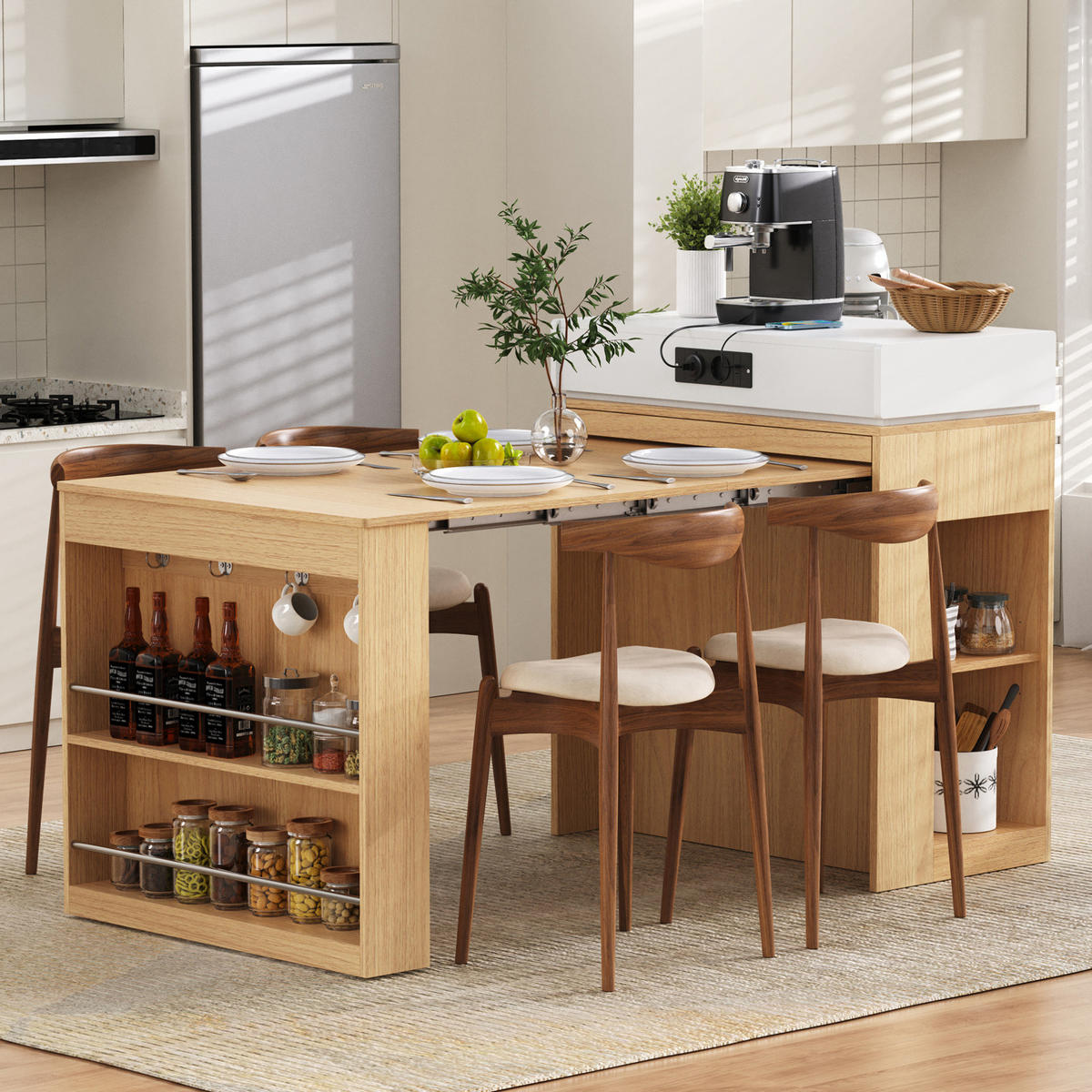 KÜCHENINSEL 83/96/46-146,5 cm Natur aus MDF und Glas mit ausziehbarer Tischplatte - Naturfarben, Holzwerkstoff (46/96/83cm) - OKMYHOME