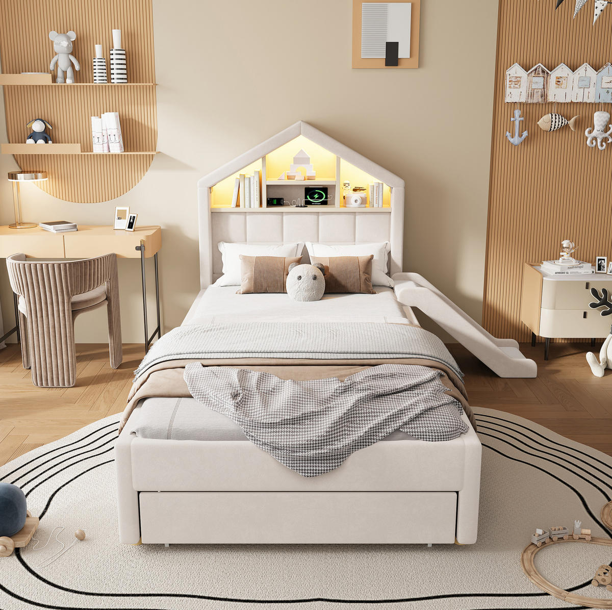 GEPOLSTERTES Kinderbett 90x200 cm in Beige mit Rutsche, LED, Ladeanschluss und Bettkasten - Beige, Textil (90/200cm) - IVMEU