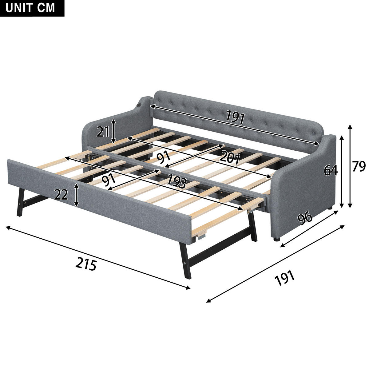 ROZKLADACIA posteľ z ľanovej tkaniny a MDF 90x200 cm sivá s výsuvným lôžkom a USB portom - sivá, textil (90/200cm) - Modfu