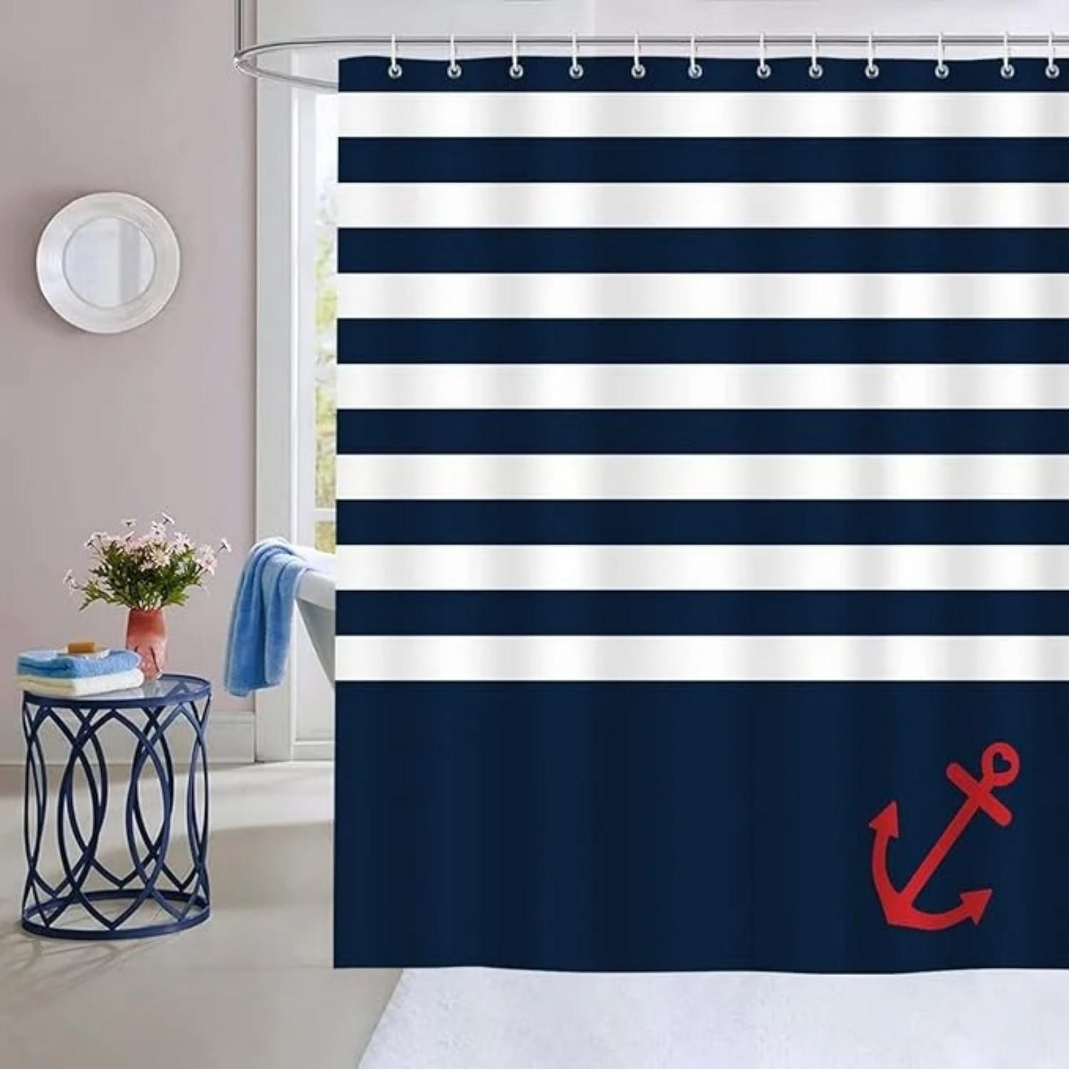 DUSCHVORHANG Blau nautisch Streifen Anker Polyester schimmelresistent wasserdicht Badezimmer - Blau, Textil (180/180cm) - MCBOSON