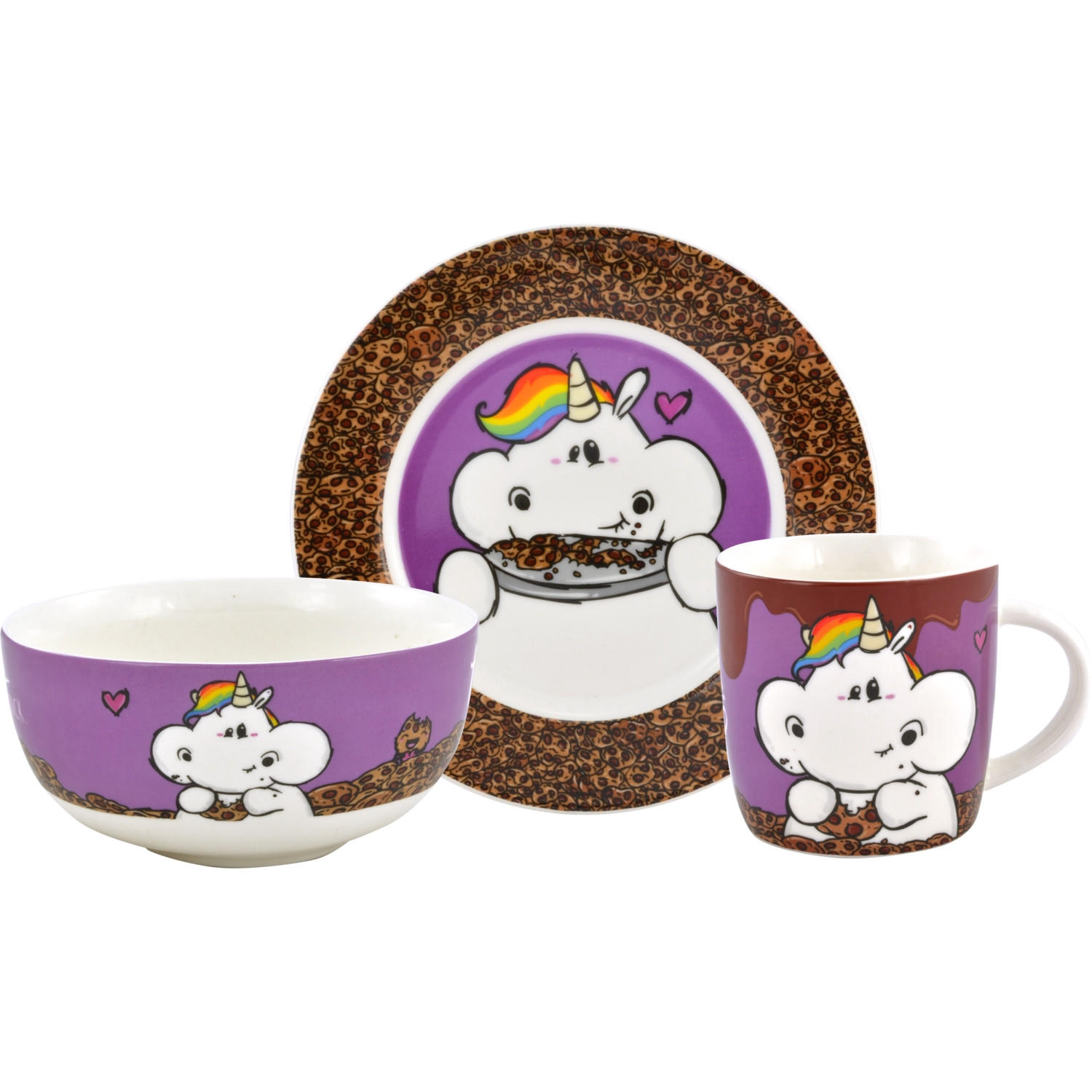 FRÜHSTÜCKSSET Pummel & Friends Pummeleinhorn Ich bin nicht dick. Ich bin flauschig! Mehrfarbig 3-teilig - Multicolor, Keramik (23.8/11.2/23.3cm) - United Labels