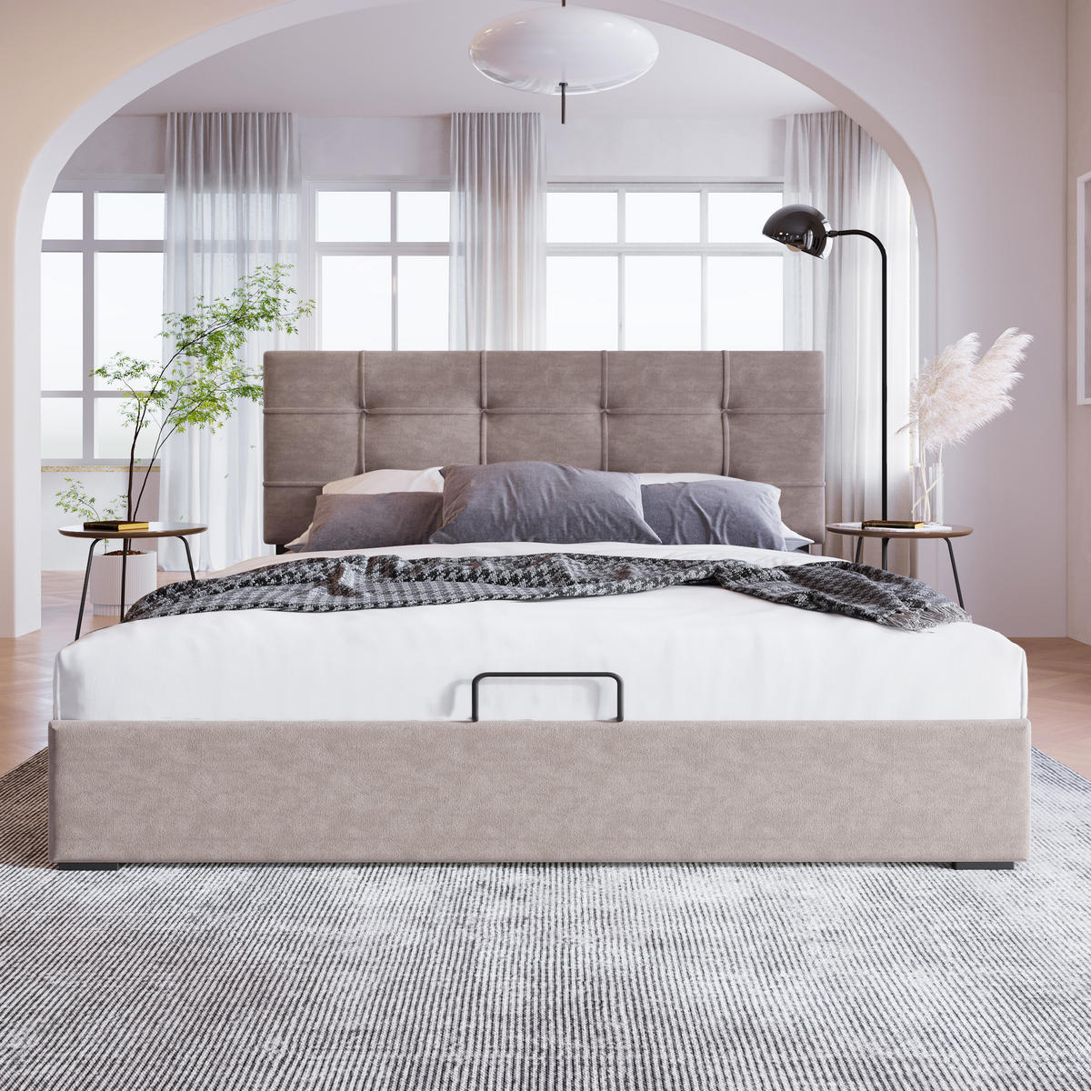 POLSTERBETT 140/200 cm Hellgrau mit hydraulischem Stauraum und verstellbarem Kopfteil aus Samt - Hellgrau, Textil (140/200cm) - OKWISH