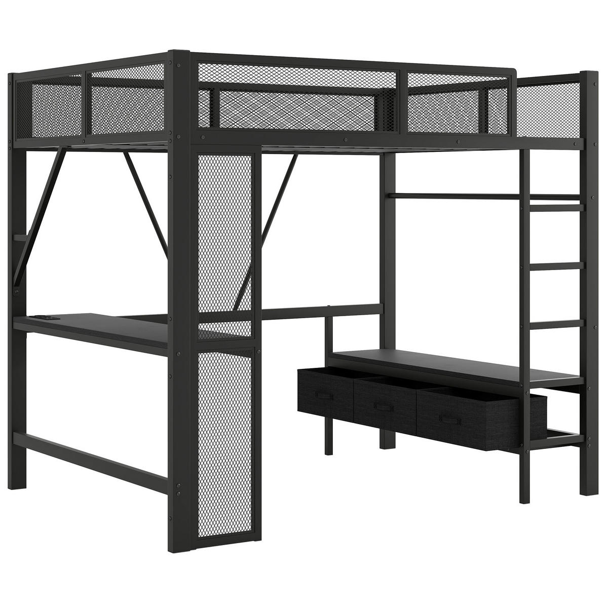 HOCHBETT 140/200 cm aus Metall und MDF mit Schreibtisch, LED und offenem Kleiderschrank Schwarz - Schwarz, Holzwerkstoff (140/200cm) - Modenvie