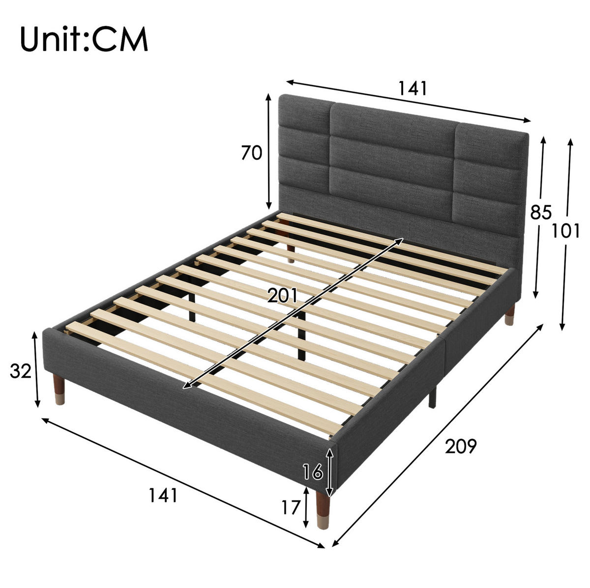 BETT mit Lattenrost 140x200 cm Grau - Grau, Holz (140/200cm) - Meubliv