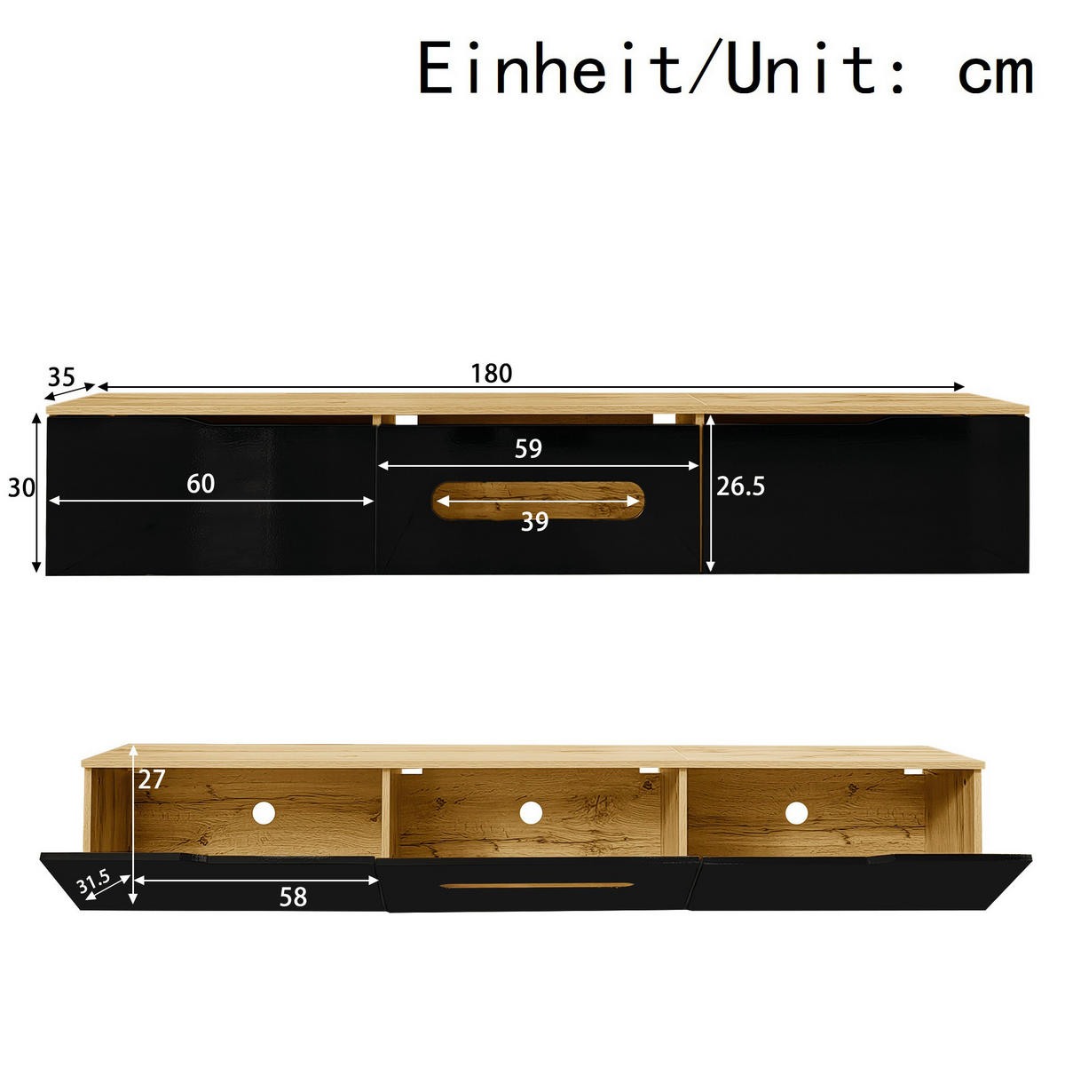 TV ormarić 180/35/30 cm crni u dekoru drva od MDF-a i iverice s LED rasvjetom i tihim zatvaranjem - crna, drvni materijal (180/30/35cm) - OKWISH