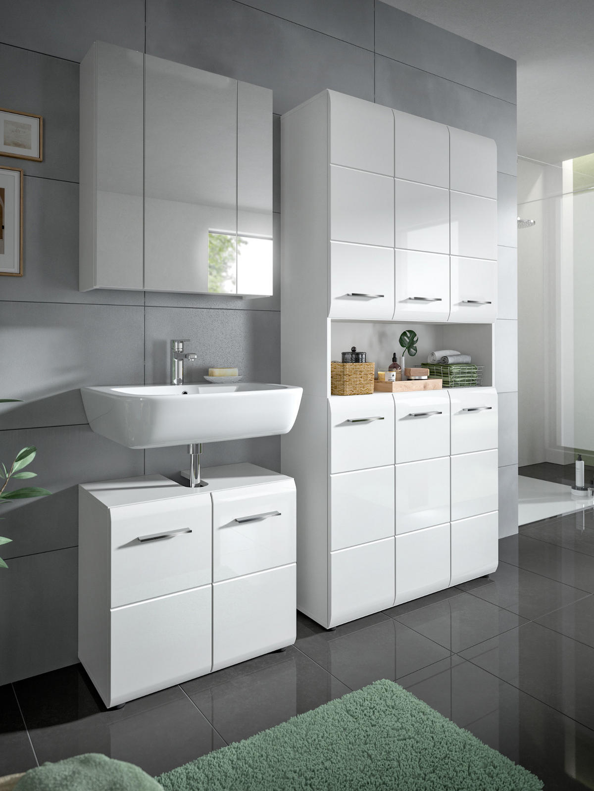 BADMÖBEL SET 3-teilig in weiß Hochglanz Badkombination 165 x 185 cm Cover - Weiß Hochglanz/Silberfarben, Holzwerkstoff/Kunststoff (165/185/30cm) - Inn.Furn