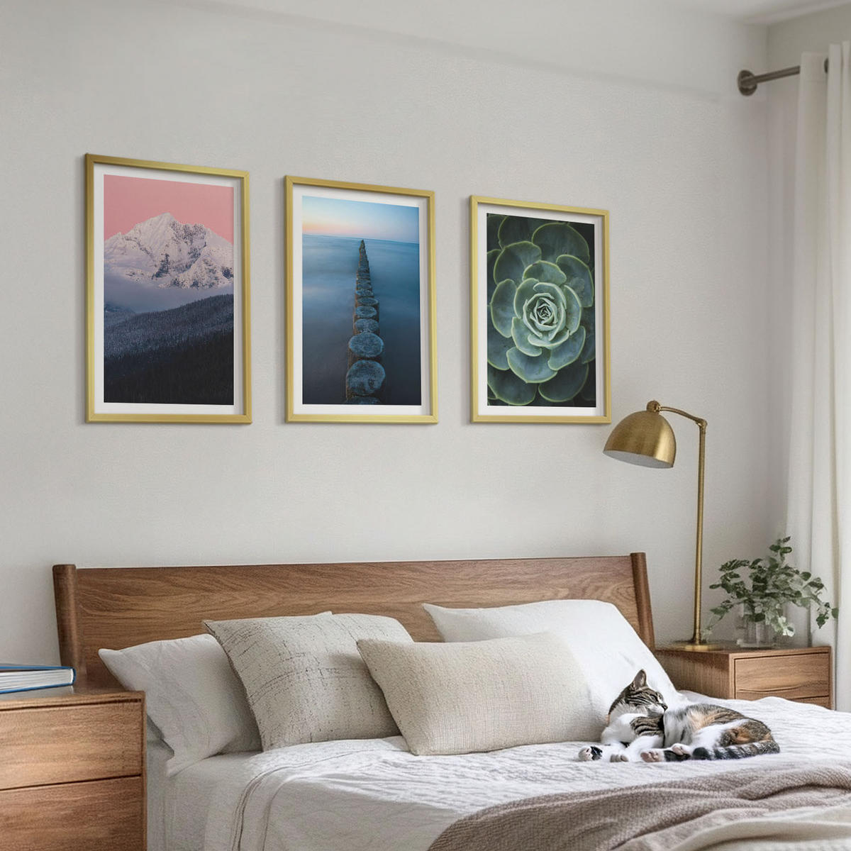 WANDBILDER 3er Set - 40x60 cm Goldrahmen - Berge, rosa Himmel, Wasser, Sukkulente - Goldfarben, Kunststoff (40/60cm) - ArtPrintCave