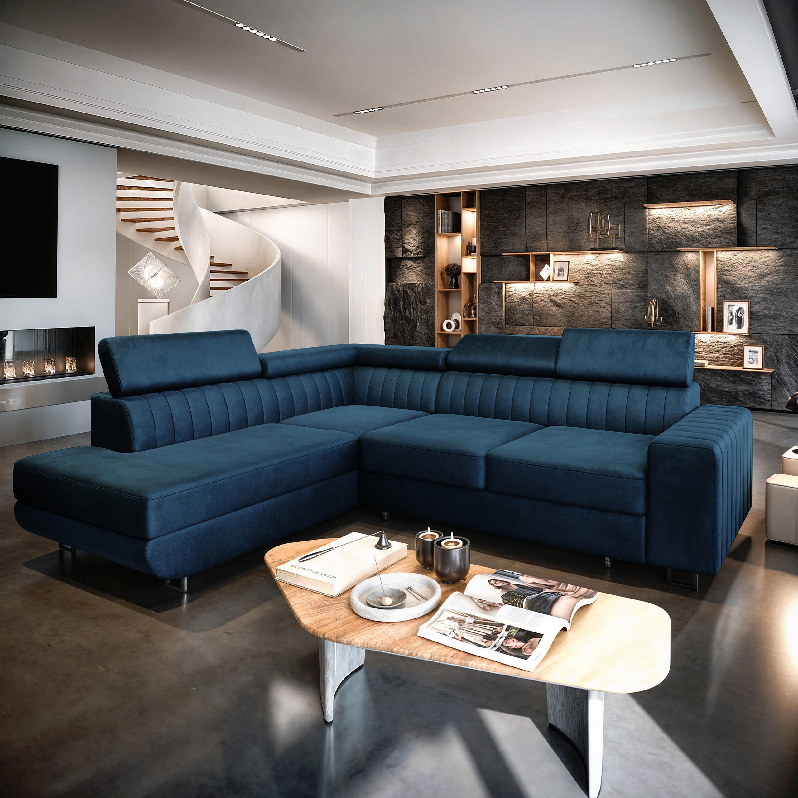 ECKSOFA NOLA L-S Blau Velours-Stoff mit Schlaffunktion - Blau, Holz (253/190cm) - MASSENO