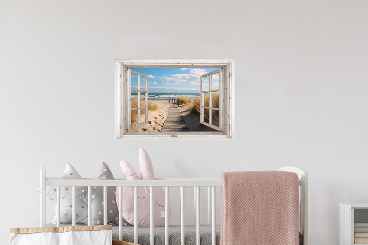 WANDTATTOO Fenster - Meer - Küste - Natur - Ausblick - Strand - Wattenmeer 60x40 cm - Beige, Kunststoff (60/40/0.1cm) - MuchoWow