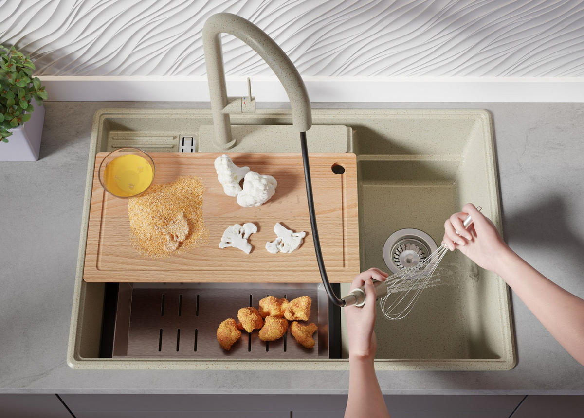 GRANITSPÜLE Paris, 2-er set Beige 78/53 cm 2 Becken + Küchenarmatur 40/20 cm + Ablauf-Set + Küchenzubehörset ab 80er Unterschrank - Chromfarben/Edelstahlfarben, Kunststoff (78/20/53cm) - Primagran