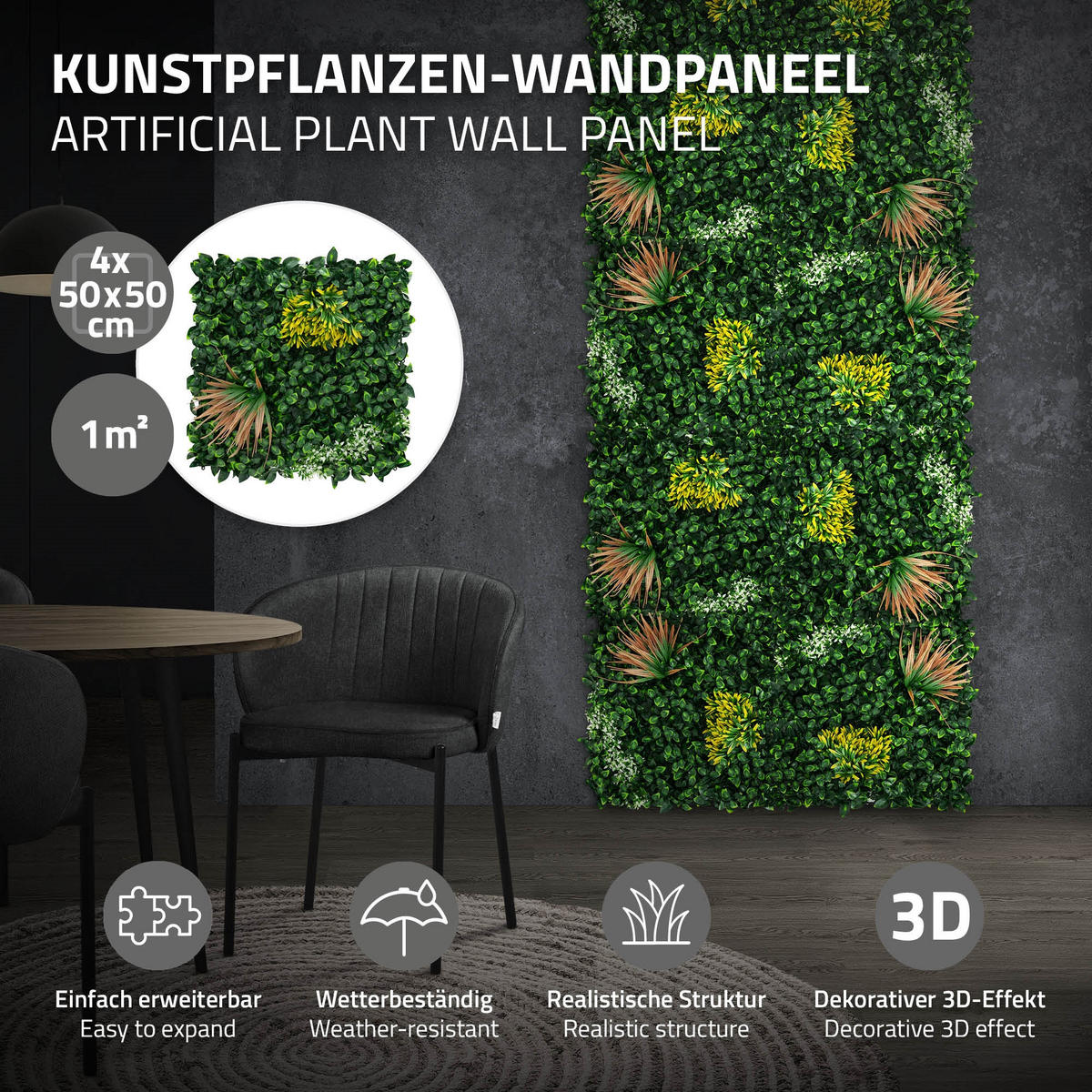 KÜNSTLICHE PFLANZENWAND 4er Set 50x50 cm Kunstpflanzen Wand Innen Aussen Grün Copper Leaf - Grün/Kupferfarben, Kunststoff (50/50/10cm) - ECD-Germany