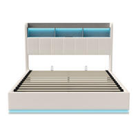 POLSTERBETT 140x200cm - Doppelbett mit RGB-LED-Beleuchtung am Kopfteil und Unterboden Stauraum-Kopfteil - Beige - Beige, Textil (140/200cm) - DELFA