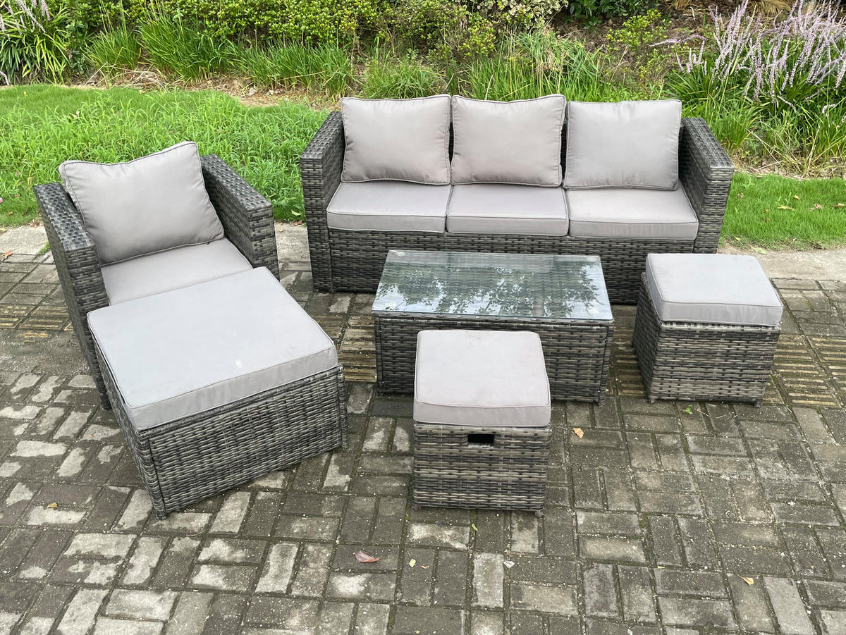 GARTENSOFA SET Polyrattan Dunkelgrau 7-Sitzer - Dunkelgrau, Metall - Fimous