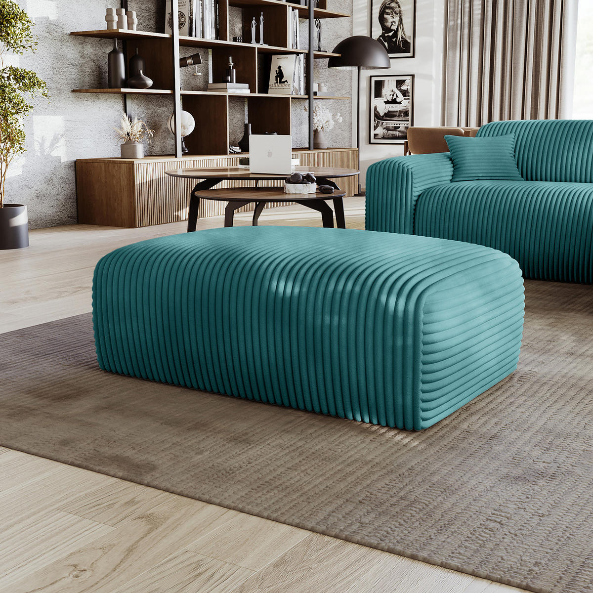 POLSTERHOCKER - Cord - Türkis/Schwarz, Kunststoff/Textil (110/40/72cm) - home24