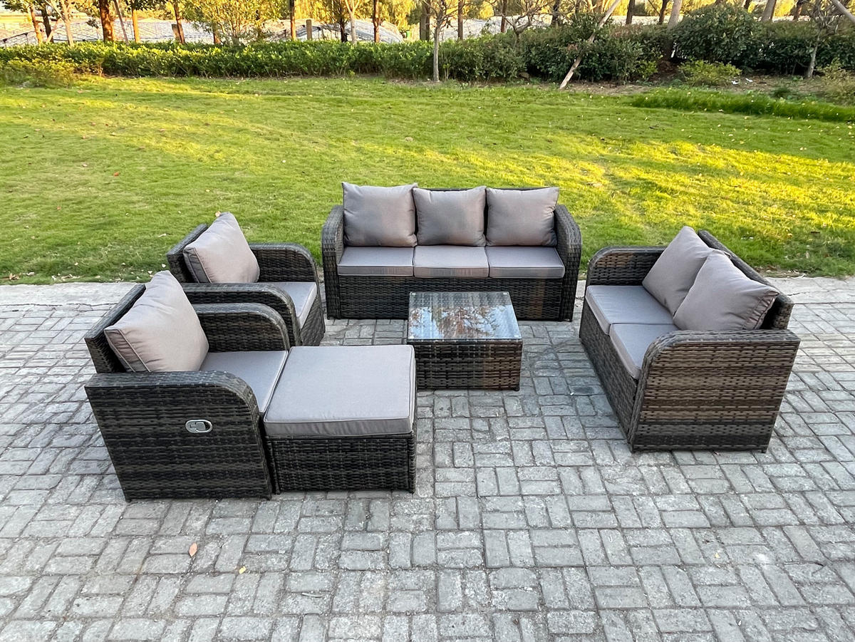 GARTENSOFA SET mit Couchtisch Polyrattan Dunkelgrau 6-teilige - Dunkelgrau/Grau, Glas/Kunststoff - Fimous