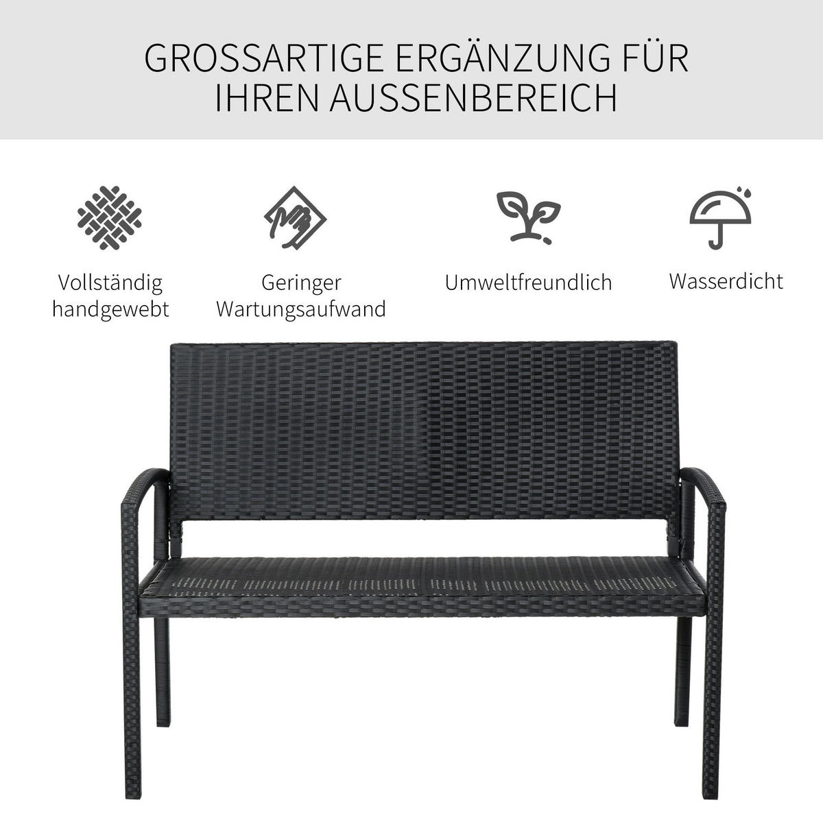 ZAHRADNÍ lavice z oceli 122x60x87 cm černá z polyratanu pro 2 osoby, odolná vůči UV záření a vlhkosti - černá, kov (122/85/60cm) - Modfu
