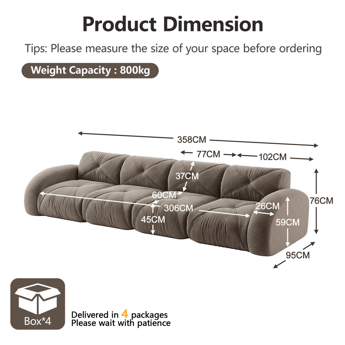 4-SITZER SOFA Chenille Taupe - Braun, Textil (358/76/95cm) - WISHDOR