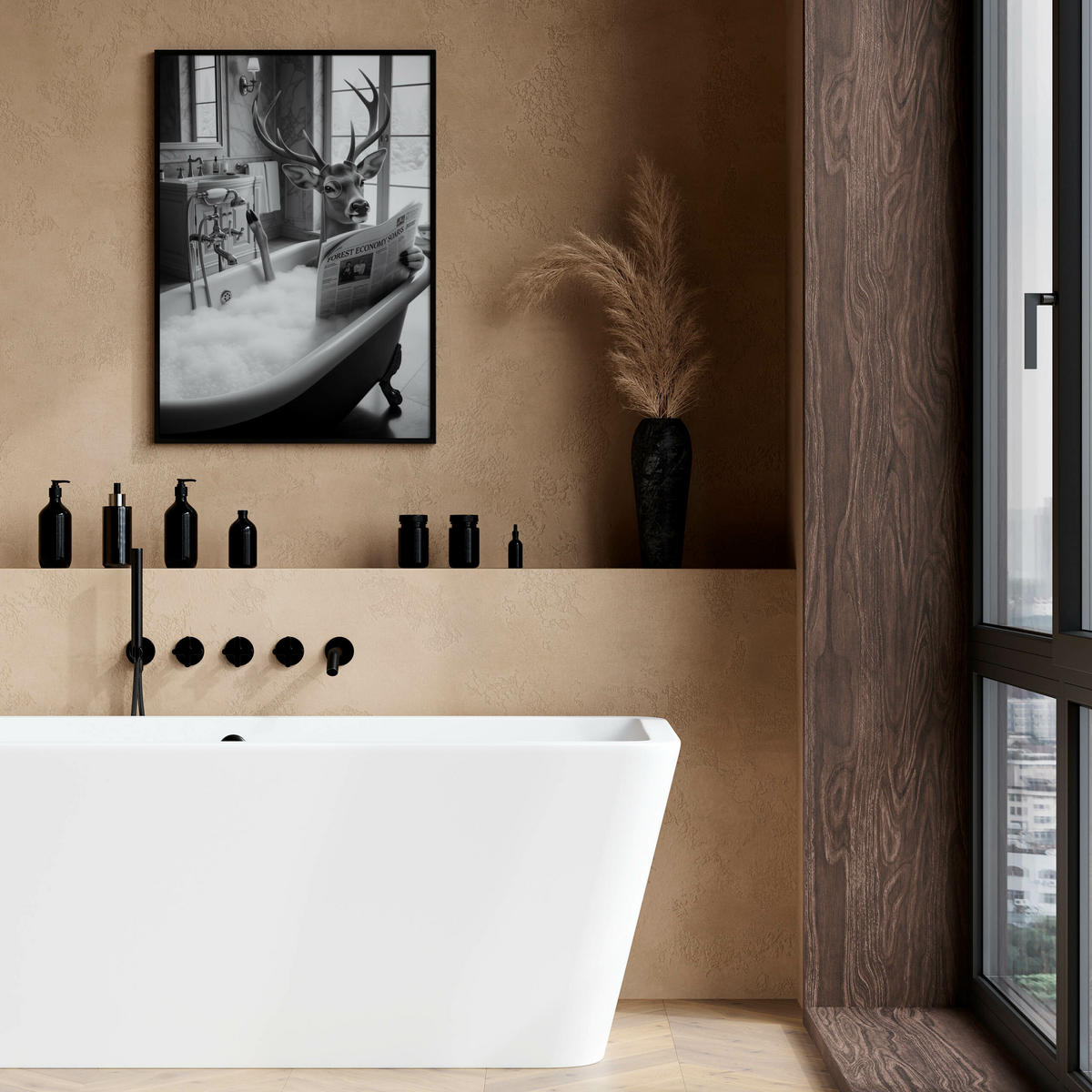 POSTER für Badezimmer WC Rehe HIRSCH in Badewanne Zeitung Abstraktion 20x30cm - Schwarz/Weiß, Papier (20/30/1cm) - Muralo
