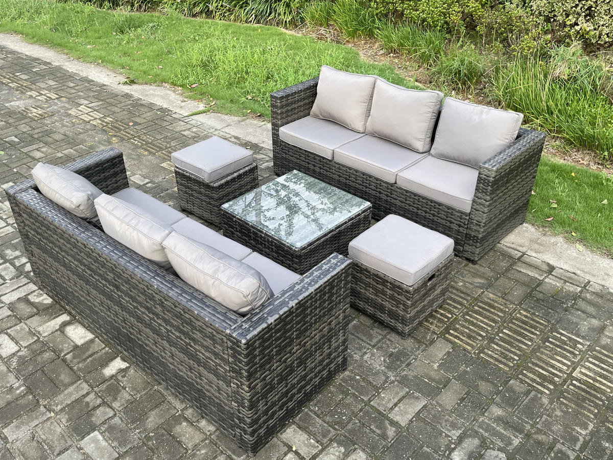GARTENLOUNGE-SET Polyrattan 8-Sitzer - Dunkelgrau, Metall - Fimous