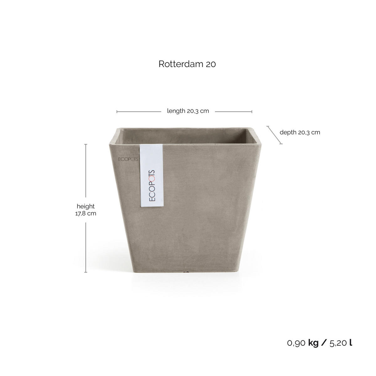 BLUMENTOPF Rotterdam 20,3/20,3/17,8 cm Taupe - Taupe, Kunststoff (20.3/17.8cm) - Ecopots