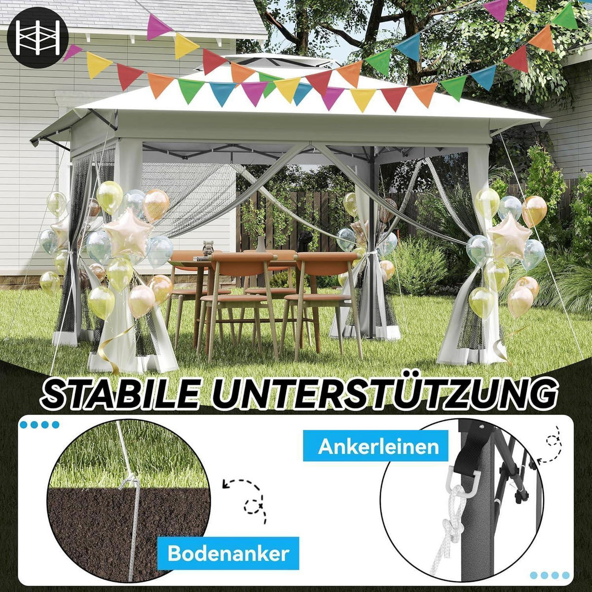 GARTENPAVILLON Pop Up 4 x 4 m Weiß - Weiß, Metall (400/285/400cm)