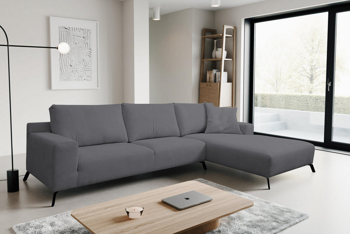 ECKSOFA Aspen in L-Form, Coach Farbe: Grau, Velourstoff, Ottomane Rechts - Grau, Textil (312/187cm) - VENASI MÖBEL