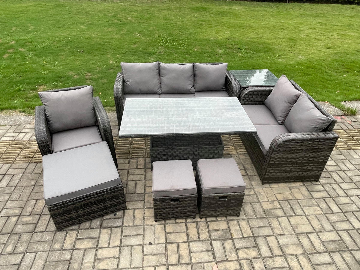 GARTENMÖBEL SET mit Höhenverstellbarer Esstisch,Beistelltisch 9-Sitzer Grau - Dunkelgrau/Grau, Glas/Kunststoff - Fimous