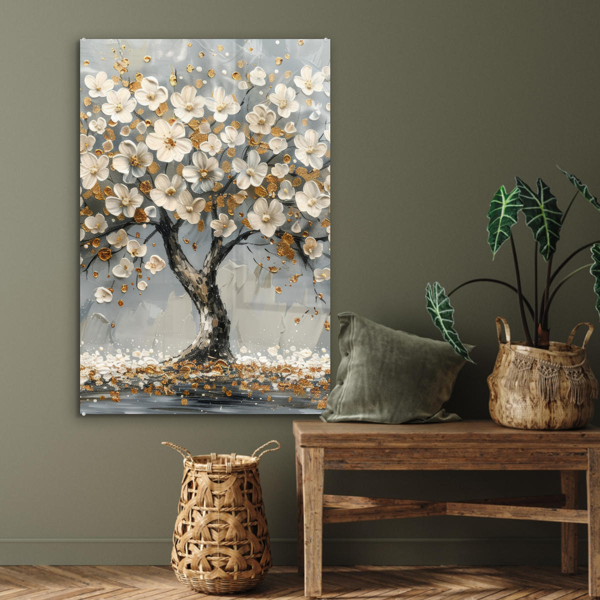 ACRYLGLASBILD Baum - Blumen - Weiß - Natur - Kunst 60x90 cm - Weiß, Glas (60/90cm) - MuchoWow