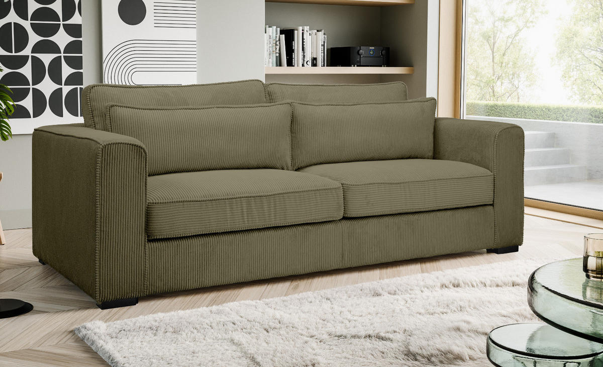 SOFA khaki Cord 3-Sitzer 241 cm, Couch mit Wellenfederung - Dunkelgrün/Schwarz, Holzwerkstoff/Kunststoff (241/92/112cm) - Inn.Furn