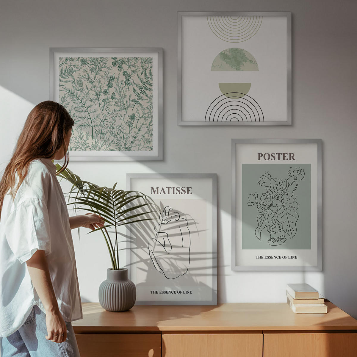 BILDER SET 4er Set - 50x50 cm & 40x60 cm Silberner Rahmen - Linien, Pflanzenmuster, Minimalismus - Silberfarben, Kunststoff (50/50cm) - TULUP