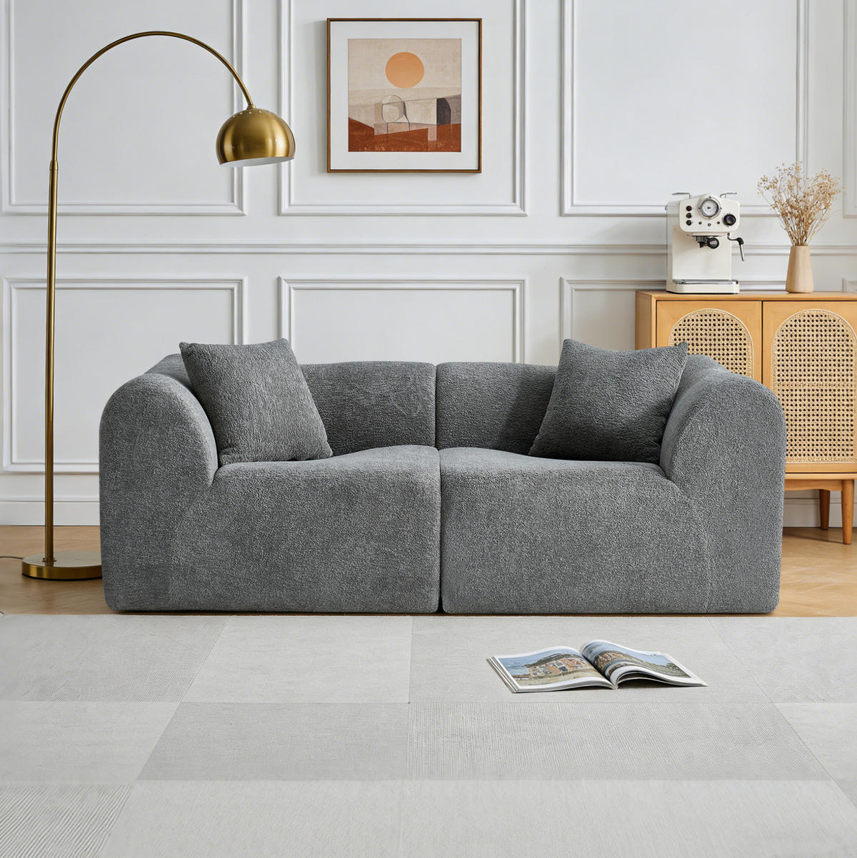 2-SITZER 193/87/67 cm grau aus Samt platzsparend mit 2 Kissen - Grau, Textil (87/67/193cm) - OKWISH