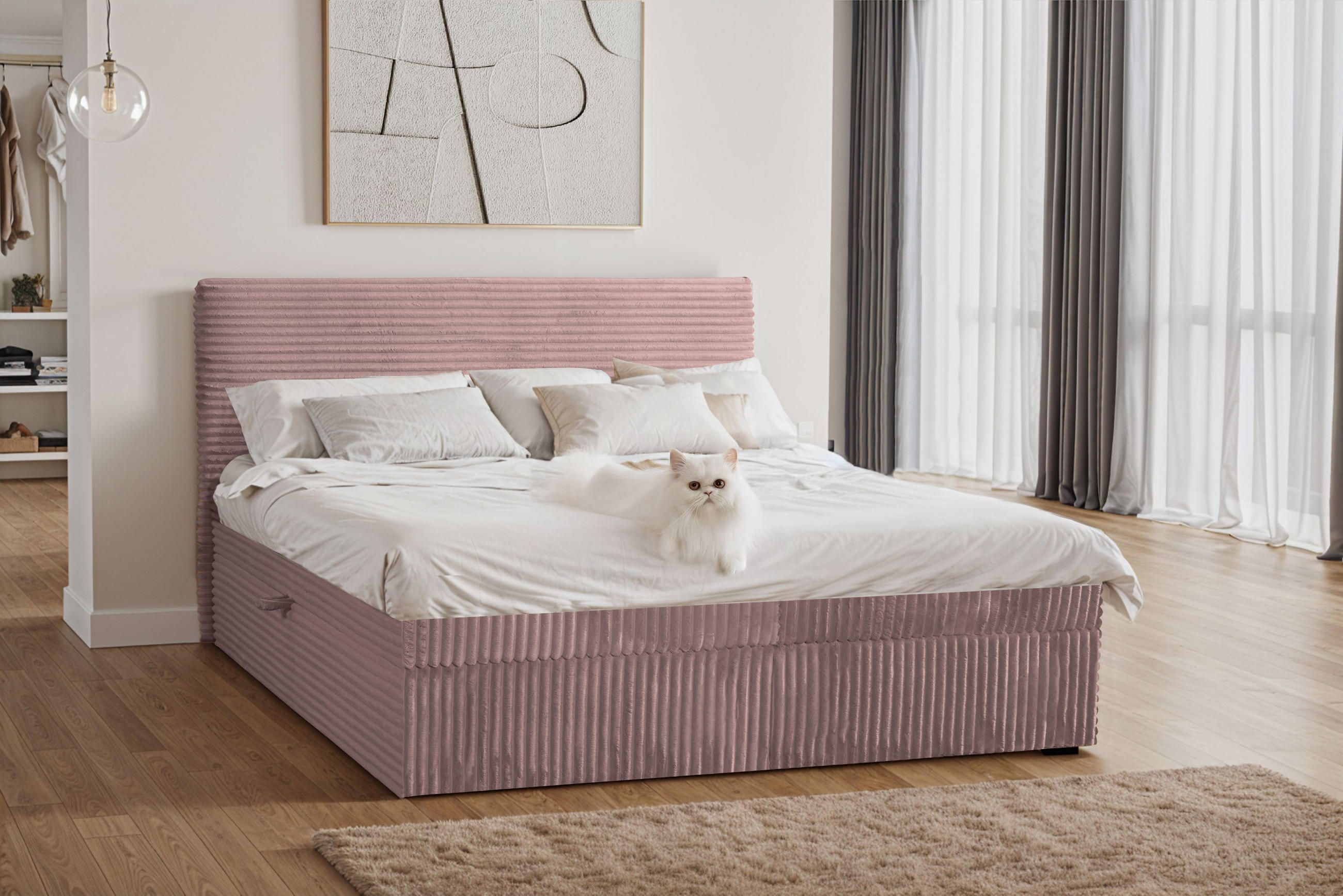 BOXBETT Bettkasten Und Topper TRENTO Ohne Bein Stoff Plüsch Cord 180x200 cm Rosa H2-Pocket - Rosa, Holz/Textil (180/200cm) - Kaiser Möbel